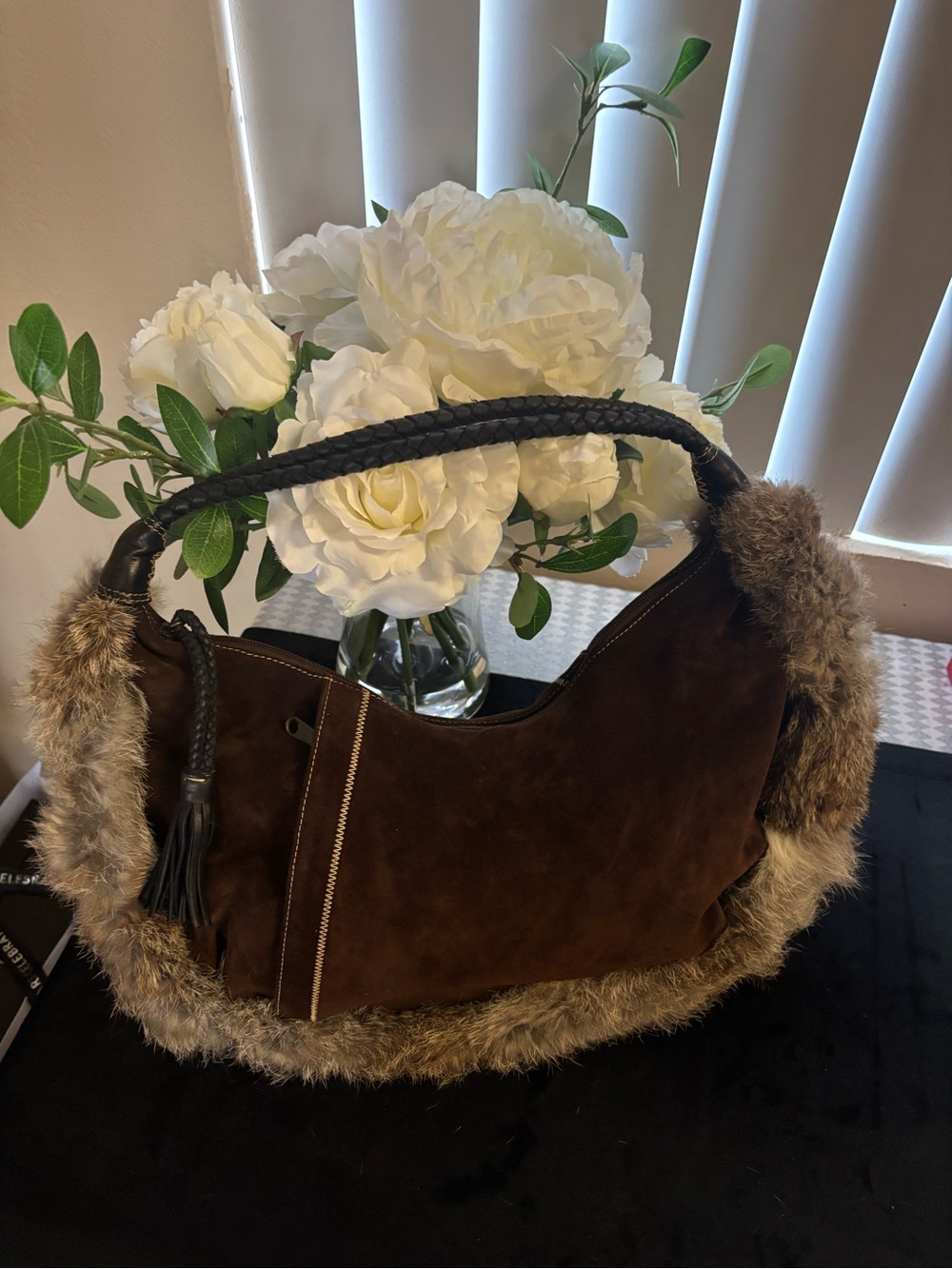 Maxx New York Brown Suede Hobo with Faux Fur Trim